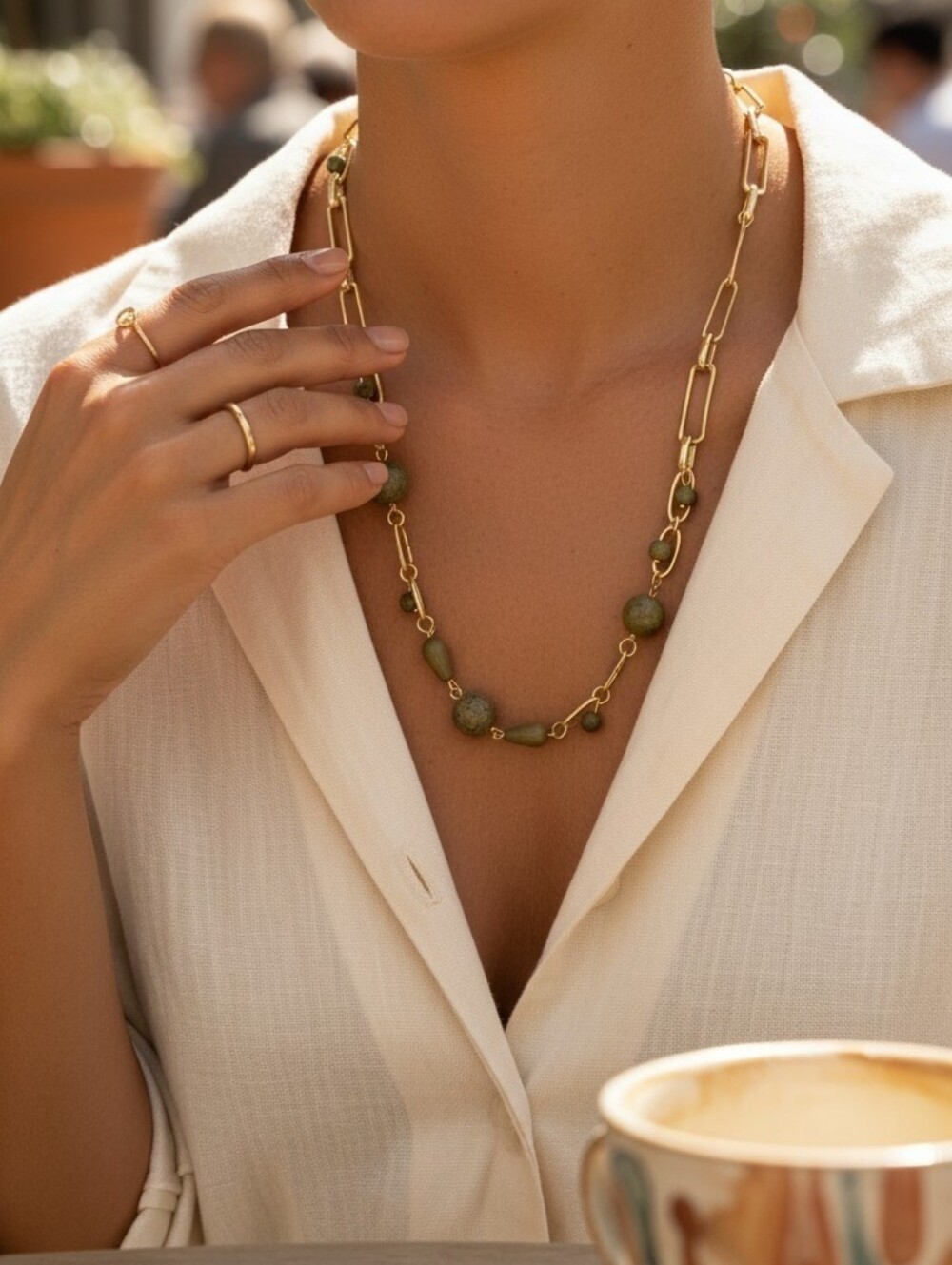 Organic Modern Gold-Tone and Olive Green Link Necklace With Bangle Bracelet New